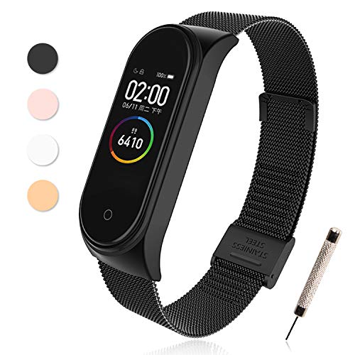 BANGTING Correa Acero Compatible con Pulseras Xiaomi Mi Band 3/4, Correas para Fundas Mi Fit Band 4 My Band 3 Inteligente Funda Miband3 Pulsera Reloj Metal Acero Inoxidable Banda Reemplazo, Negro