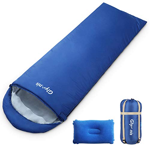 Glymnis Saco de Dormir Ultraligero con Capucha Saco de Dormir Rectangular con Almohada Inflable y Bolsa de Compresión Saco de Dormir Verano para Viaje Camping Senderismo 220x75 cm Azul