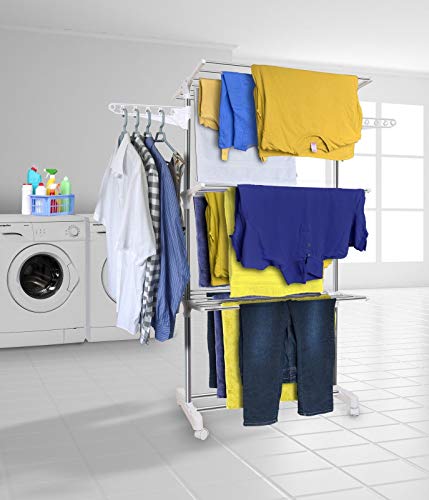 Hyfive Tendedero Airer Ropa Extra Grande de 3 Niveles de Acero Inoxidable Rampa de secar la Ropa se pliega para un fácil Almacenamiento