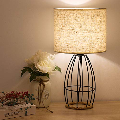 Lámpara de mesilla de noche decorativa - Lámpara de mesilla de noche ahuecada elegante, base moderna de metal cromado con lámparas de pantalla de tela de lino para - Negro