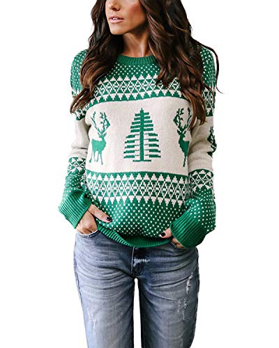 YOINS - Jersey de punto para mujer, parte superior de punto, diseño navideño de renos, de invierno, de manga larga, cuello redondo 1 verde M