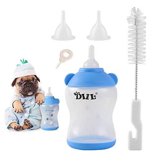 80ml recién nacido Mascota Pequeño leche Feeder, Botella de Mascotas con 3 Pezones y 1 Cepillo de Limpieza Biberón de Agua portátil para Perros Gatos, Adecuado para pequeños cachorros,gatitos,conejos