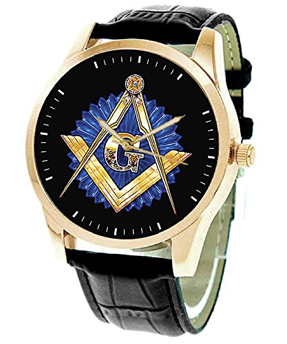 Classic G Masónica Logo simbólico arte Sapphire azul y latón dorado reloj de pulsera, la masonería