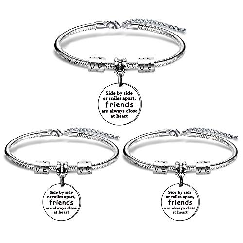 KENYG - Pulsera semirrígida de plata para amigos, 3 unidades, con mensajes en inglés (Side By Side Or Miles Apart Friends Are Always Close At Heart)