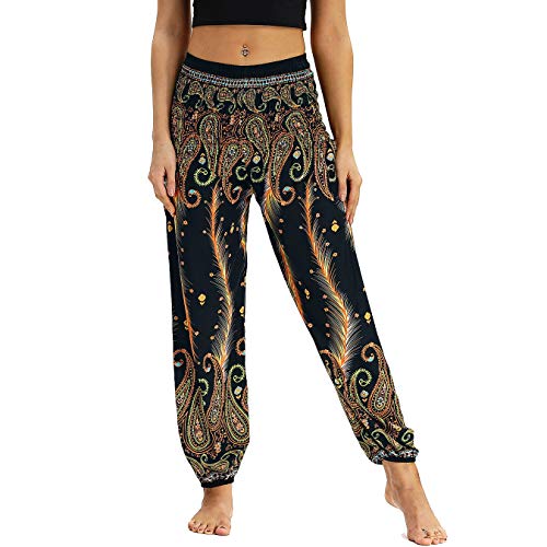 Nuofengkudu Mujer Pantalones Harem Tailandes Hippies Vintage Boho Flores Verano Alta Cintura Elastica Casual Danza Yoga Pants Bombachos Dorado Pavo