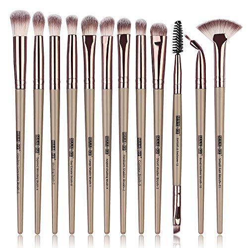 Maange 12PCs Set de pinceles de maquillaje profesional para ojos con mangos de madera de primera calidad para sombra de ojos, cejas, delineador de ojos, mezcla(champán)