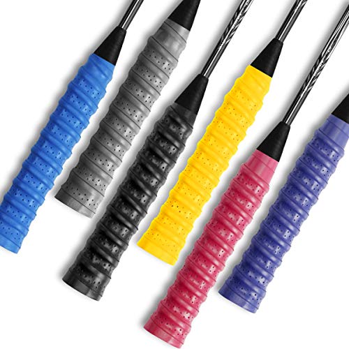 Ryaco Cinta Agarres de PU para Raqueta 6pcs, Grip para el Mango Súper Absorbentes Perforados Antideslizantes para Raqueta de Tenis Bádminton Squash Caña de Pescar Alivio de Golpes, Negro Azul Amarillo