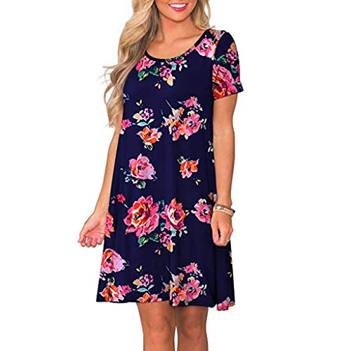 VEMOW Vestido Mujer Mujeres Verano Manga Corta Floral Bolsillos Impresos Vestido de oscilación Ocasional de Sundress(D Rosa Caliente,2XL)