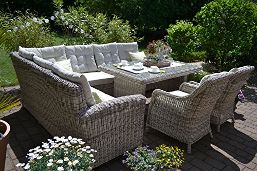 Bomey Ratán sintético Muebles de Jardín Set I (4 piezas) Manhattan I Jardín sofá + mesa + 2 sillones + acolchado I gris beige I Dining Lounge ratán para jardín + Terraza + Jardín De Invierno