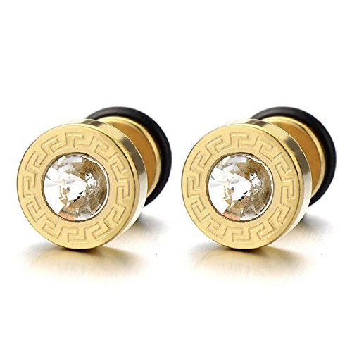 8MM Modelo Dominante Griego Oro Pendientes de Hombre, Aretes, Acero Inoxidable, con 4MM Circonita, 2 piezas