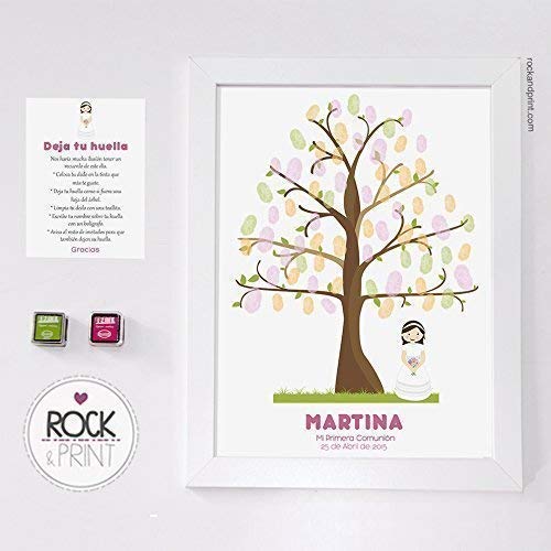 Árbol huellas Niña Comunión. Personaliza vestido, pelo y ojos. Incluye marco y tintas a elegir. Original cuadro de huellas. Recuerdo de invitados. Árbol de la vida