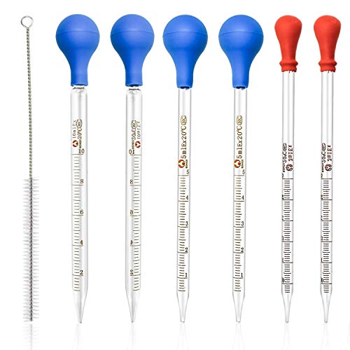 NATEE 6PCS Pipetas Cuentagotas, Laboratorio Cuentagotas de Vidrio Pipeta con Capucha de Goma Roja/Azul Pipeta de Cristal para Goma Pipeta Reutilizable (3 ml, 5 ml, 10 ml) Contiene un Cepillo