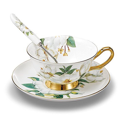 TouchLife Juego de tazas de té de porcelana fina, con platillo y cuchara, con motivo de camelias de color blanco y verde en caja de regalo, Porcelana de ceniza de hueso, 1 set, Set of 1 with gift box