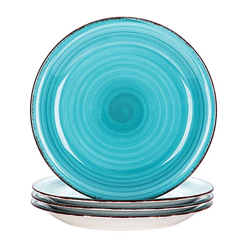 vancasso Serie Bella Juego de 4 Platos Llanos 26cm Platos de Cena Retro Bobina Pintado a Mano, Gres Esmaltada, Azul