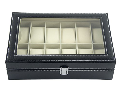 Caja de reloj DoubleBlack de cuero de imitación de visualización, organizador de joyería, almacenamiento, espacio para 12 relojes