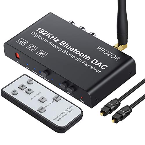 PROZOR DAC Convertidor 192 kHz Receptor Bluetooth 5.0 Integrado Digital a Analógico Estéreo L/R RCA 3,5 mm Audio Convertidor con Mando a Distancia IR Soporta Silencio Control de Volumen ON&OFF