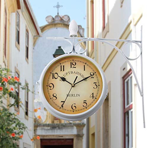 Samger Samger Reloj de Doble Cara Jardín Tren Estación Reloj de Pared con Soporte (Blanco)