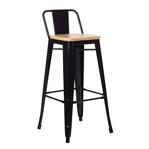 SKLUM Taburete Alto con Respaldo LIX Madera Negro Comedor Cocina Bar Acero y Madera