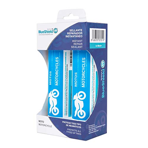 Blueshield 49 ® Sealants - Líquido antipinchazos preventivo y reparador Especial para Motos. Sellante Permanente instantáneo. Fórmula patentada certificada en Laboratorio. (Kit 2 monodosis de 160ml)