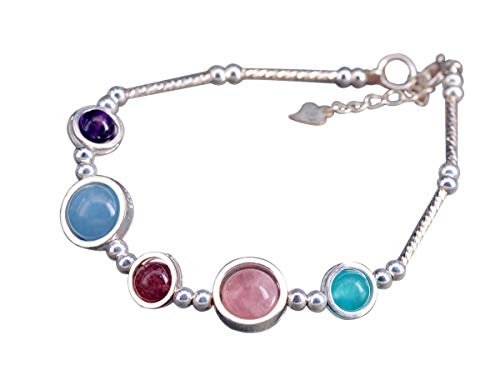NicoWerk SAB201 - Pulsera de plata para mujer, multicolor, de plata de ley 925, bola de cuarzo rosa, aguamarina, amatista con piedra preciosa