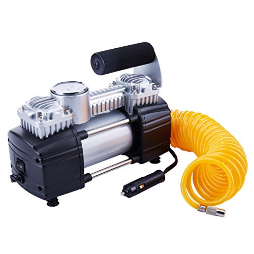 TIREWELL 12 V inflador de neumáticos - Heavy Duty doble cilindros Direct Drive bomba de metal 150 PSI, compresor de aire con abrazadera de batería y manguera de aire de extensión de 5 m, SUV/camione