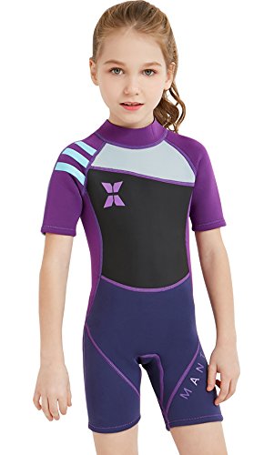 DIVE&SAIL Maillot de Neopreno para Niñas con Mangas Cortas Protección Solar Mantener Calor Traje Húmeda de Neopreno de 2.5mm Elástica - Negro morado - Talla M