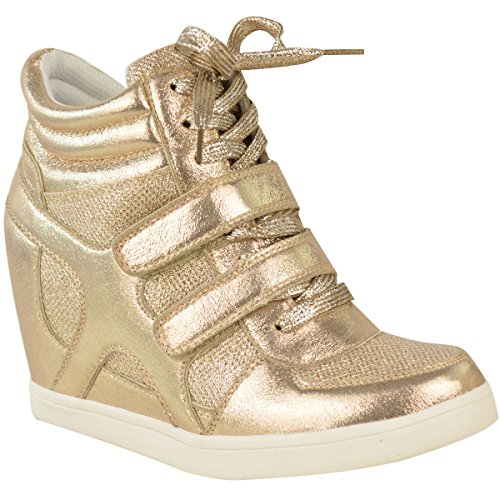 MUJER NUEVO HI TOP ZAPATILLAS CUÑA ZAPATILLAS DEPORTE BOTINES - Dorado Metalizado, 35.5 EU