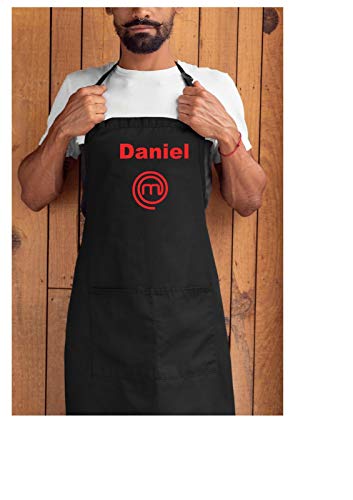 SAQUITOMAGICO Delantal Masterchef Negro Personalizado Bordado con tu Nombre.El Delantal Que Llevan los concursantes del Programa!!!