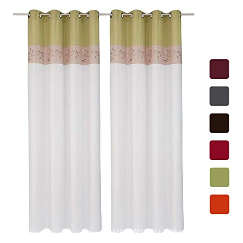 SIMPVALE Juego de 2 Cortinas Floral Bordadas con de Seda Artificial con Ojales para Balcón Salón Dormitorio (Verde, Ancho 145cm/Altura 245cm)