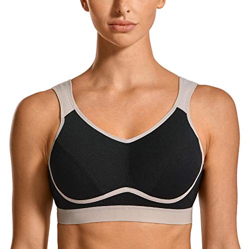 SYROKAN - Sujetador Deportivo Máximo Soporte Sin Relleno para Mujer Negro/Gris ES:110C (EU 95C)