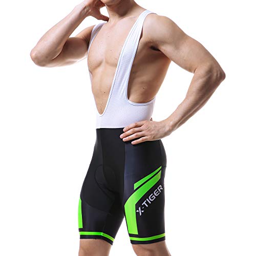 X-TIGER Hombres de Bicicleta con 5D Gel Acolchado MTB Ciclismo Tirantes Culotte Pantalones Cortos Culotes (L=M(EU), Verde Culotte Pantalones)