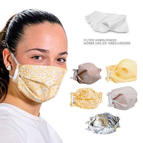 YELLOW PARTY PACK 5 UDS MASCARILLAS DE TELA LAVABLE REUTILIZABLE 2 CAPAS + BOLSILLO CON 5 FILTROS TELA HOMOLOGADOS INCLUIDOS. DOBLE AJUSTE ELASTICO CABEZA.