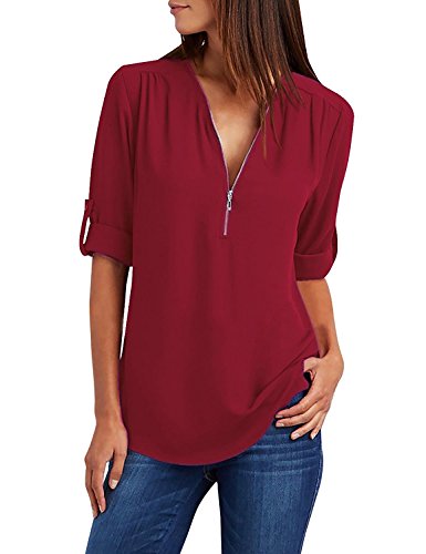 Yuson Girl Camisas Mujer Nuevo Blusas para Mujer Vaquera Sexy Gasa Tops Camisetas Mujer Cremallera Manga Corta Blusas (Rojo, XL)