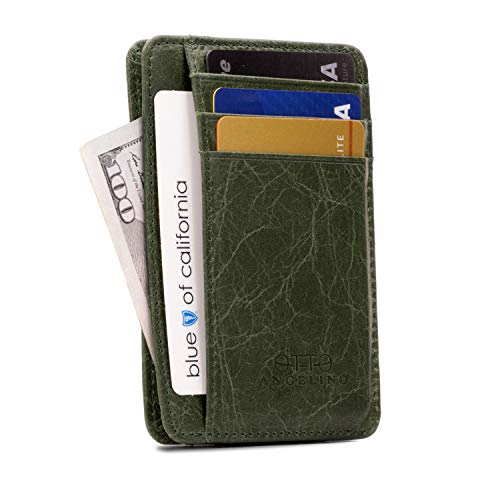 Cartera Otto Angelino con Tarjetero de Cuero Genuino Delgado para Hombres - Múltiples Ranuras para Tarjetas de Crédito, Tarjetas Débito, de Banco y de Negocios, Bloqueo DE RFID (Verde)