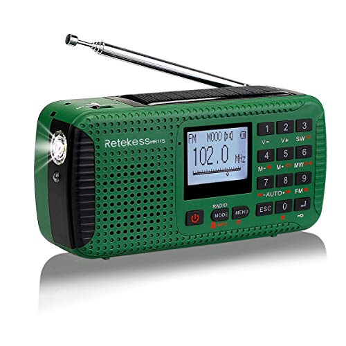 Retekess HR11S Radio Portátil Radio de Emergencia AM / FM / SW Camping Radio Radio Solar con Reloj Despertador Temporizador MP3 Reproductor Linterna Registrador SOS con Manivela (Verde)