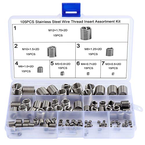 WiMas 105 Piezas Insertos de Rosca Tipo Helicoil, Inserciones Roscadas de Acero Inoxidable, Kit de Reparación de Hilos M3 M4 M5 M6 M8 M10 M12