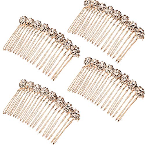 4 Piezas de Peineta Lateral de Pelo de Flor de Aleación Diamantes de Imitación Clips de Pelo de Joyería de Novida de Boda para Mujeres, Dorado Rosado