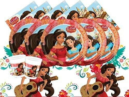 Lote de Cubiertos Infantiles "Elena de Avalor" (24 Vasos, 24 Platos, 40 Servilletas ,2 Manteles y 2 Globos) .Vajillas y Complementos. Juguetes para Fiestas de Cumpleaños, Bodas, Bautizos y Comuniones.