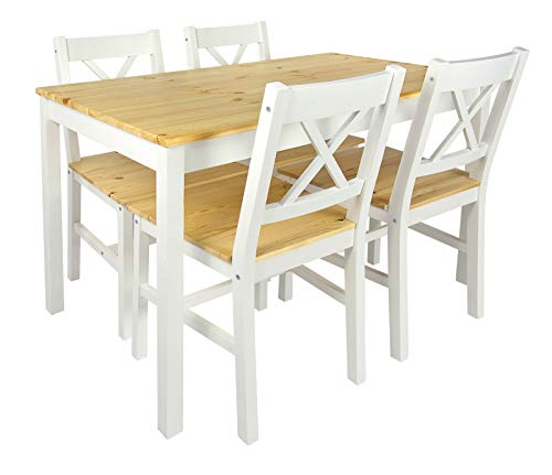 Merkell Conjunto Mesa de Pino y 4 sillas de Madera a la Sala de Estar, Comedor White Pine