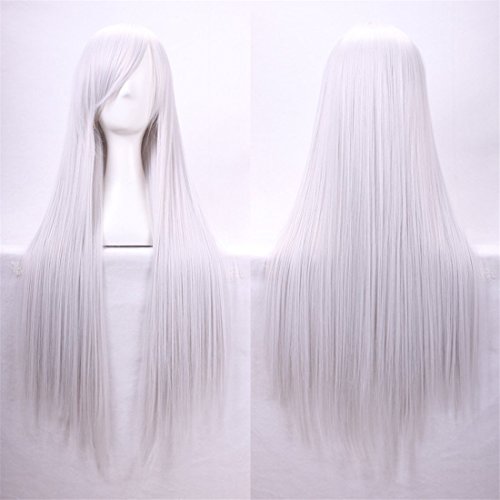 Chiguo 80cm/ 32'' Peluca de Las Mujeres Pelo Largo Recta De Las Mujeres Cabello Peluca Cabello para Adultos Cosplay Disfraz Fiesta de Halloween Peluca Pelucas para Adultos (Blanco de Plata)