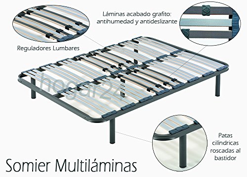 HOGAR 24 Somier multiláminas con reguladores lumbares-135x180cm-PATAS 26CM (5 Patas Incluidas)