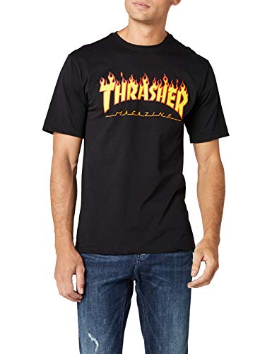 THRASHER Flame Camiseta, Unisex Adulto, Black, S