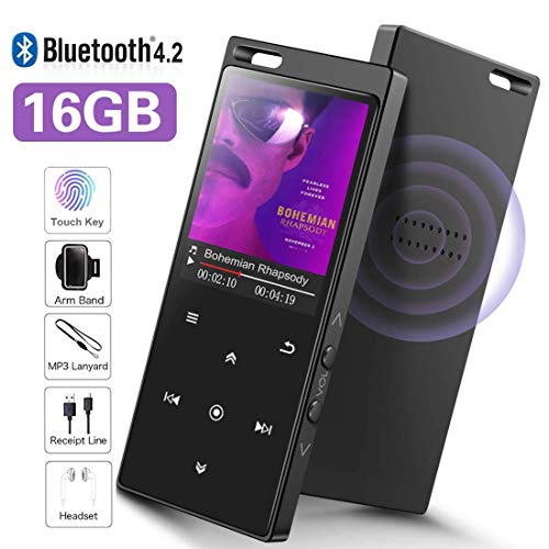 16GB SUPEREYE Reproductor MP3 Bluetooth 4.2 con Botón Táctil Reproductor de Música Digital con Auriculares con Cable, Altavoz Incorporado, Radio FM, Soporte hasta 64 GB