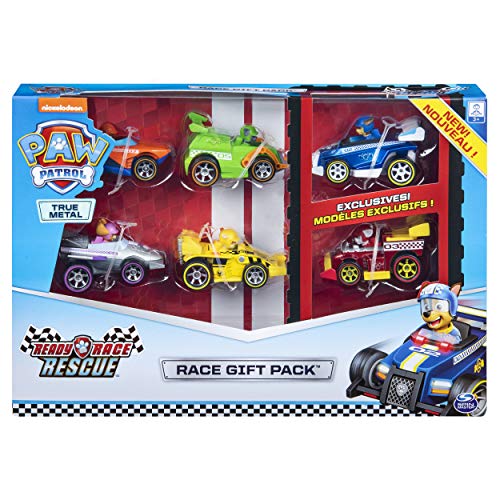 PAW PATROL- True Metal Ready Rescue Gift Pack of 6 Race Car Collectible Die-Cast Vehicles, 1:55 Scale Pack de 6 vehículos coleccionables a presión, Escala, Multicolor (Spin Master 6054522)