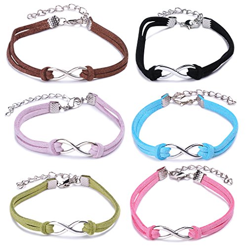 Yumilok -Juego de Pulseras Bracelete de Cuero Trenzado con Adorno de Aleación en Forma de Símbolo de Infinito para Mujer y Niña, Set de 6 Unidades