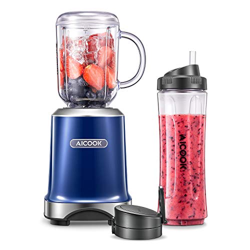 AICOOK batidora de vaso multifunción, mini licuadora 2 en 1 con la taza Mason de 600 ml y la tetera deportiva de 600 ml, sin botón Arranque automático, Pajitas y Libro de recetas, 26000RMP