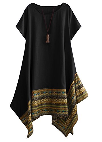 Vogstyle Mujeres De Verano De Algodón De Lino Vestido De Camiseta De Manga Corta LH000 Negro 2XL