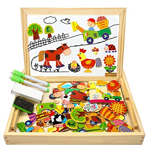 Flyfun Puzzles Rompecabezas Magnéticos de Madera Juguete Educativo Tablero de Dibujo de Doble Cara para Mayores de 3 Años - Acerca de 100 Piezas (Granja)