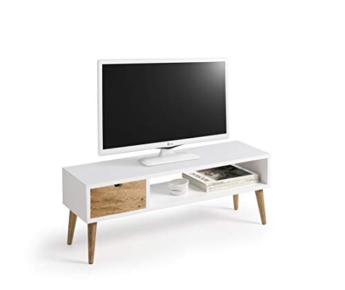 Mesa televisión, Mueble TV salón diseño Vintage, cajón y Estante, Color Blanco. Medidas 100 cm x 40 cm x 30 cm…