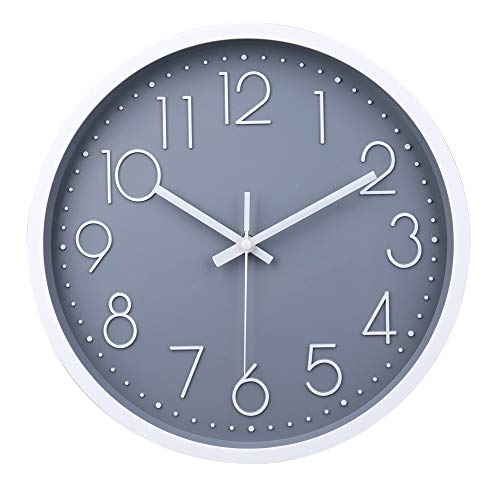 Reloj de pared moderno,grandes decorativos Silencioso interior reloj de cuarzo de cuarzo redondo No-ticking para sala de estar (Gris,12 pulgadas, Ø: 30 cm)